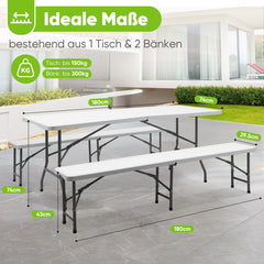 Sekey 3-tlg. Bierzeltgarnitur 180 cm – Klappbares Gartenmöbel-Set mit Tisch & 2 Bänken, Wetterfest & Tragbar für Garten, Balkon & Camping Sekey