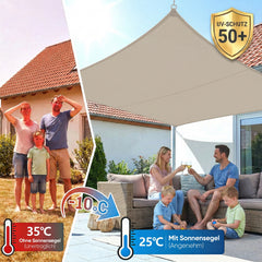 Sunula Sonnensegel wasserdicht Quadratisch – PES 160g/m² mit heißversiegelter Naht, UV-Schutz 95% UPF50+, reißfest & wetterfest mit Edelstahl-D-Ringen für Balkon, Terrasse & Garten (Taupe)