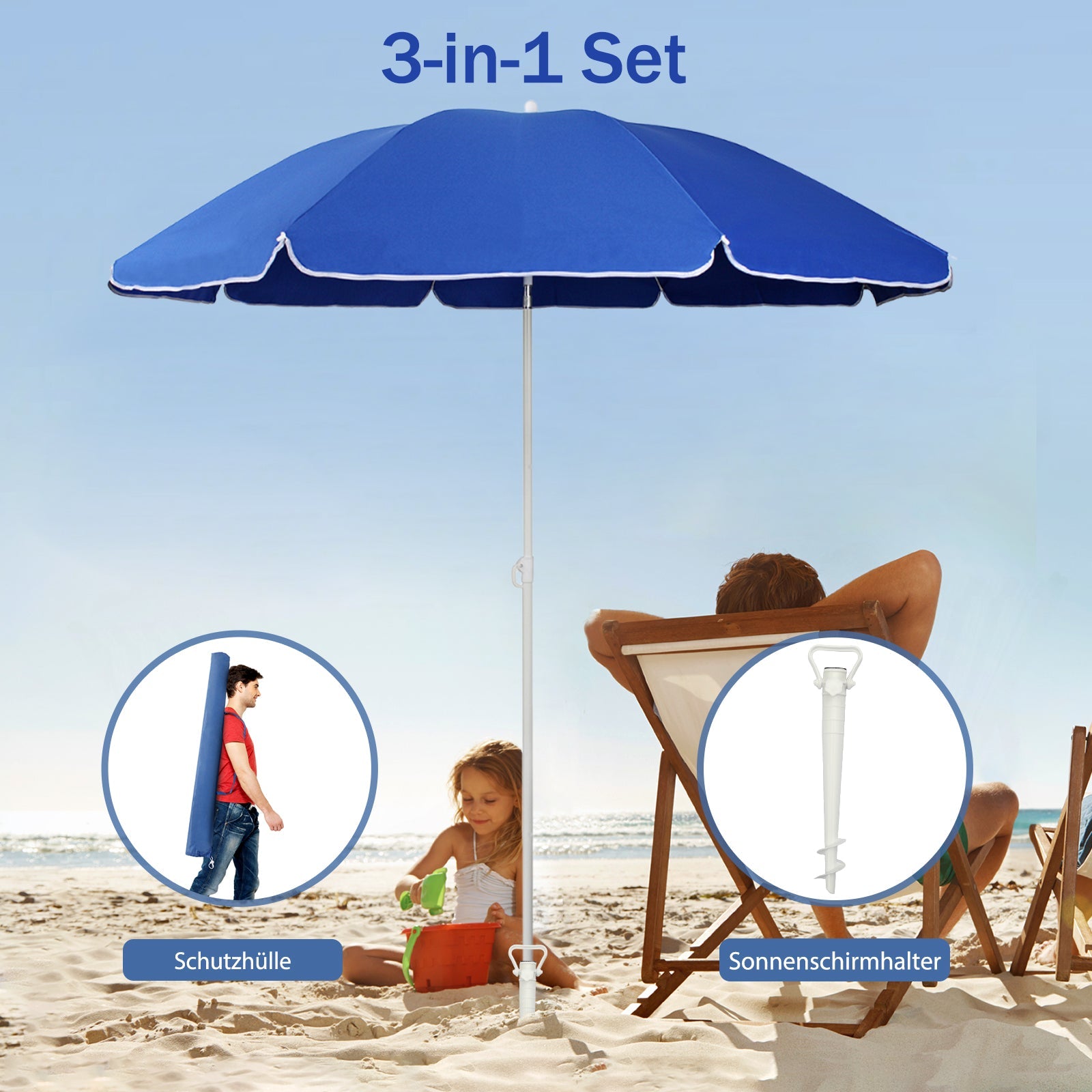 Sekey Sonnenschirm Ø160 cm rund mit Tragetasche & Bodenhülse, für Balkon & Strand Sekey