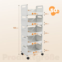 Sekey Rollwagen 25 cm breit, Küchenwagen mit 4 Ebenen/5 Ebenen, Servierwagen mit Rollen, Metall Aufbewahrungsregal, flexibel einstellbar, 360° drehbare Rollen mit Bremse