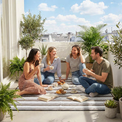 Sekey Picknickdecke Wasserdicht – Sandfreie Stranddecke mit klassischem Streifenmuster in Braun-Weiß, In Beige/Weiß gestreift, PEVA-Unterseite & Tragegurt für Picknick, Camping und Strand