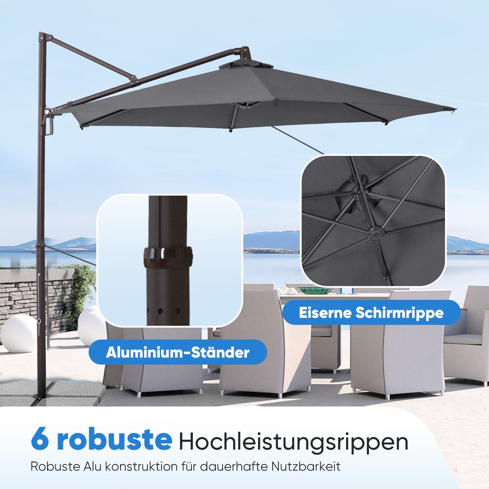 Sekey Ampelschirm 300 cm Aluminium Sonnenschirm mit 360° Drehung, Neigefunktion, UV50+ Schutz Sekey