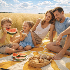 Sekey Picknickdecke Wasserdicht – Sandfreie Stranddecke mit Sonnen-Motiv, Sonnenmuster, PEVA-Unterseite & Tragegurt für Picknick, Camping und Strand