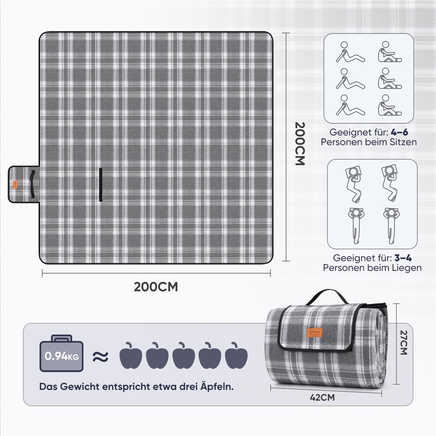 Sekey XXL Picknickdecke 200x200 cm – Waschbare & Schmutzabweisende Camping- und Stranddecke, Faltbar & Gepolstert für Outdoor, Park & Garten Sekey