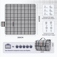 Sekey XXL Picknickdecke 200x200 cm – Waschbare & Schmutzabweisende Camping- und Stranddecke, Faltbar & Gepolstert für Outdoor, Park & Garten Sekey