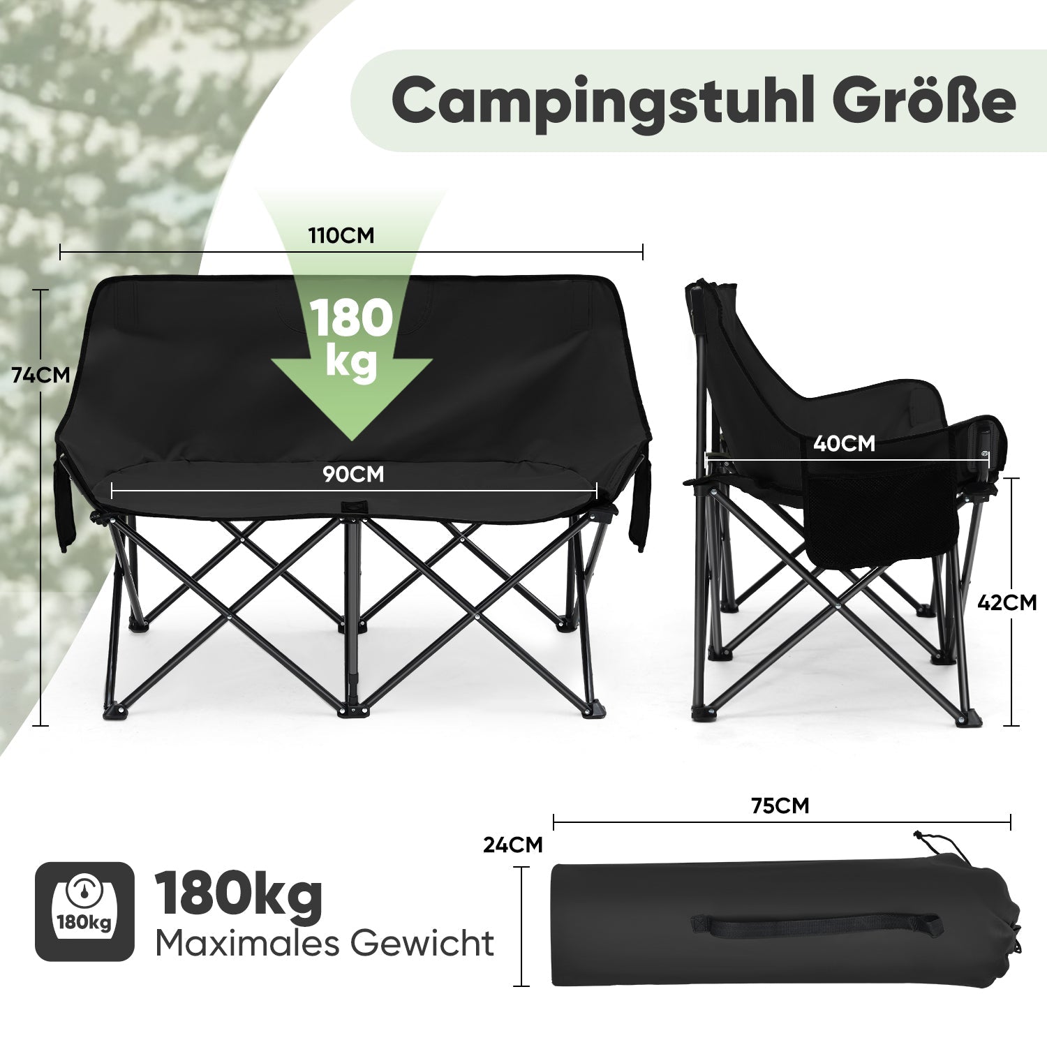 Sunula Faltbarer Campingsofa für 2 Personen, Tragbarer Campingstuhl bis 150 kg, Mit Armlehne und Tragetasche, Outdoor-Faltstuhl, Ideal für Picknick, Camping, Garten, Balkon, Angeln Sekey
