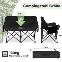 Sunula Faltbarer Campingsofa für 2 Personen, Tragbarer Campingstuhl bis 150 kg, Mit Armlehne und Tragetasche, Outdoor-Faltstuhl, Ideal für Picknick, Camping, Garten, Balkon, Angeln Sekey