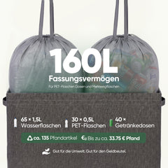 Sekey Pfandflaschen Sammelbehälter 160L mit 2 Innenbeuteln, Großer Flaschenkorb für Leergut & Dosen, Pfandsammler mit Doppel-Einwurföffnung und Schultergurten, Recycling Aufbewahrung für Küche, Keller & Garage