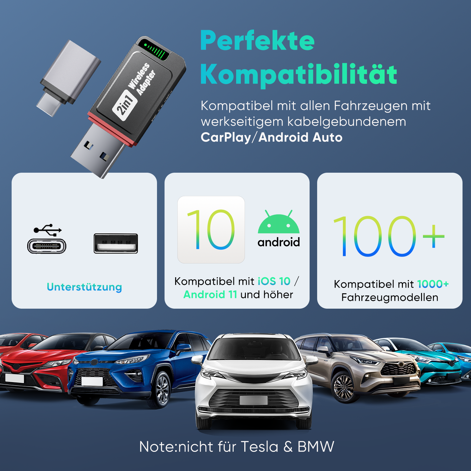 Salcar 2-in-1 Wireless Adapter für CarPlay & Android Auto – 2025 Upgrade, Dualband 5,8 GHz Auto-Dongle, ultrabreite Fahrzeugkompatibilität ab Baujahr 2016 Salcar