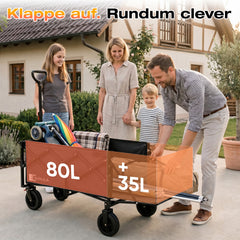Sunula Bollerwagen faltbar mit klappbarer Heckklappe – 80 L + 35 L Handwagen mit erweiterbarer Ladefläche, 100 kg belastbar, leichter Faltbollerwagen mit Bremsen & 360°-Rädern