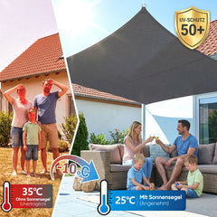 Sunula Sonnensegel wasserdicht Quadratisch – PES 160g/m² mit heißversiegelter Naht, UV-Schutz 95% UPF50+, reißfest & wetterfest mit Edelstahl-D-Ringen für Balkon, Terrasse & Garten (Anthrazit)