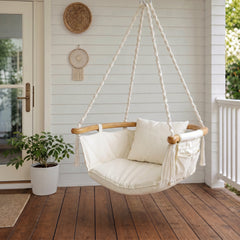 Sekey Hängesessel mit Kissen – Hängestuhl & Hängeschaukel bis 120 kg, mit Seitentasche, Bambus-Spreizstab und Baumwollseilen für Garten, Balkon, Terrasse & Wohnzimmer