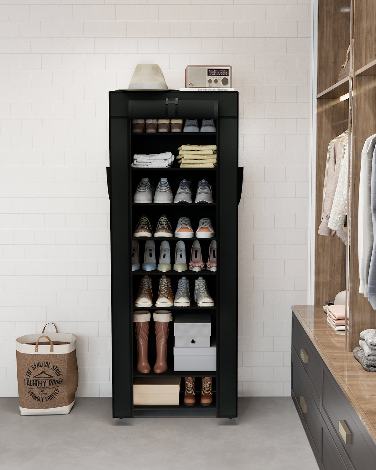 Sekey Schuhschrank mit 9 Ebenen – Multifunktionales Schuhregal mit Staubschutz, 2 Größen wählbar (58 oder 85 cm Breite), anpassbare Ablagen, einfache Montage, Schwarz Sekey