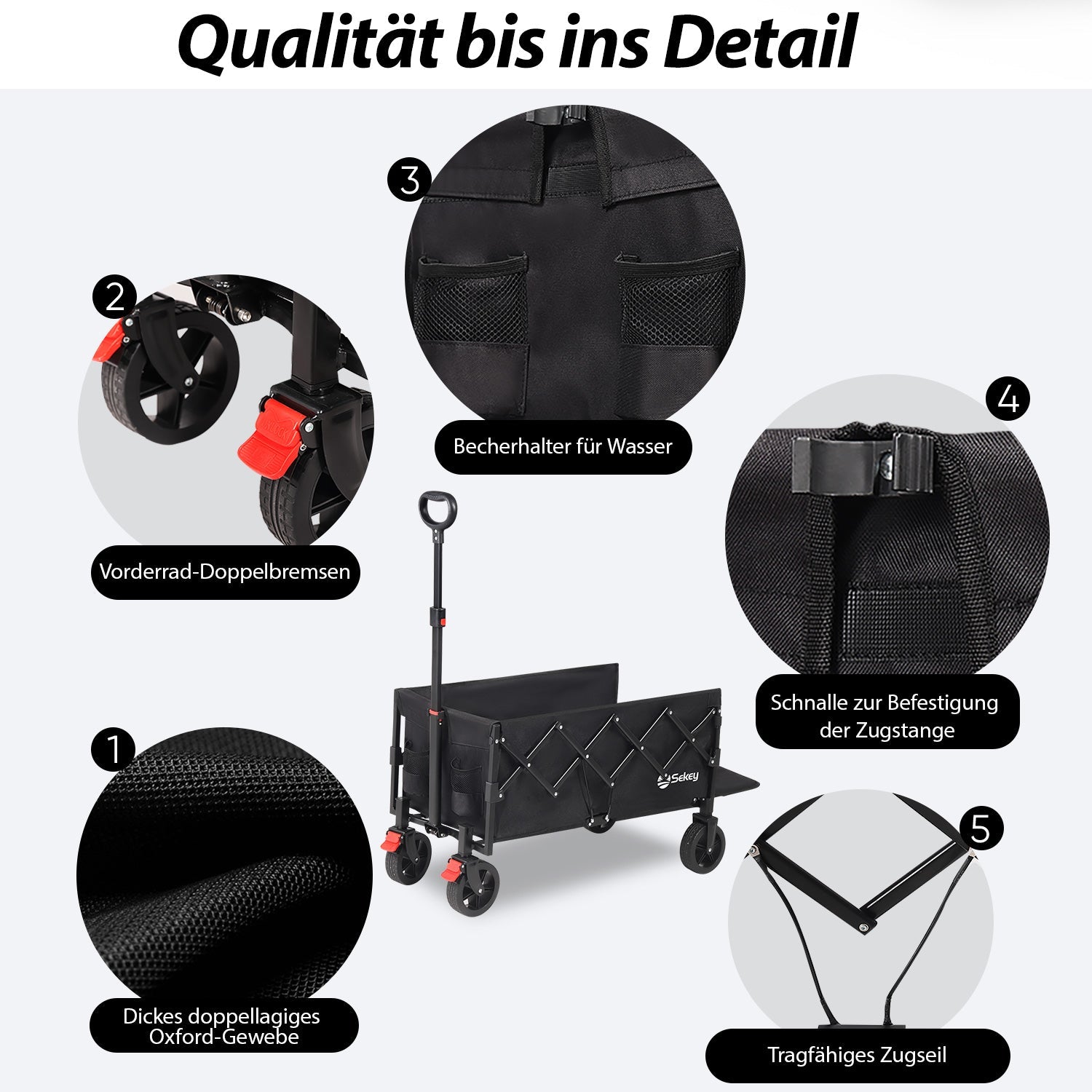 Sunula Faltbarer Bollerwagen 3025 mit Verlängerter Ladefläche, 150 kg Tragkraft, Extra Lang, Mit Bremse, Getränkehaltern & Geländereifen – Für Strand, Camping, Garten, Einkauf Sunula