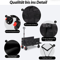 Sunula Faltbarer Bollerwagen 3025 mit Verlängerter Ladefläche, 150 kg Tragkraft, Extra Lang, Mit Bremse, Getränkehaltern & Geländereifen – Für Strand, Camping, Garten, Einkauf Sunula