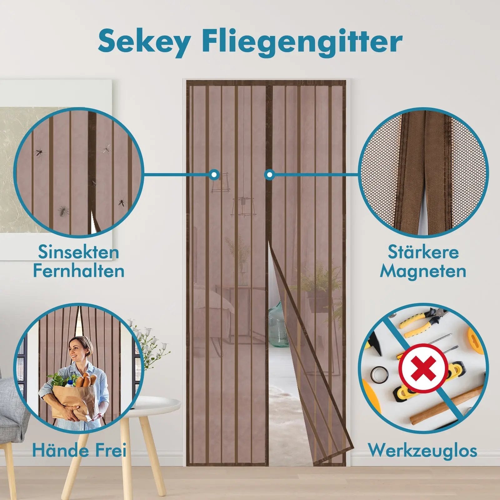 Sekey Magnet Fliegengitter Tür aus Polyester, mit Bändern, Braun Sekey