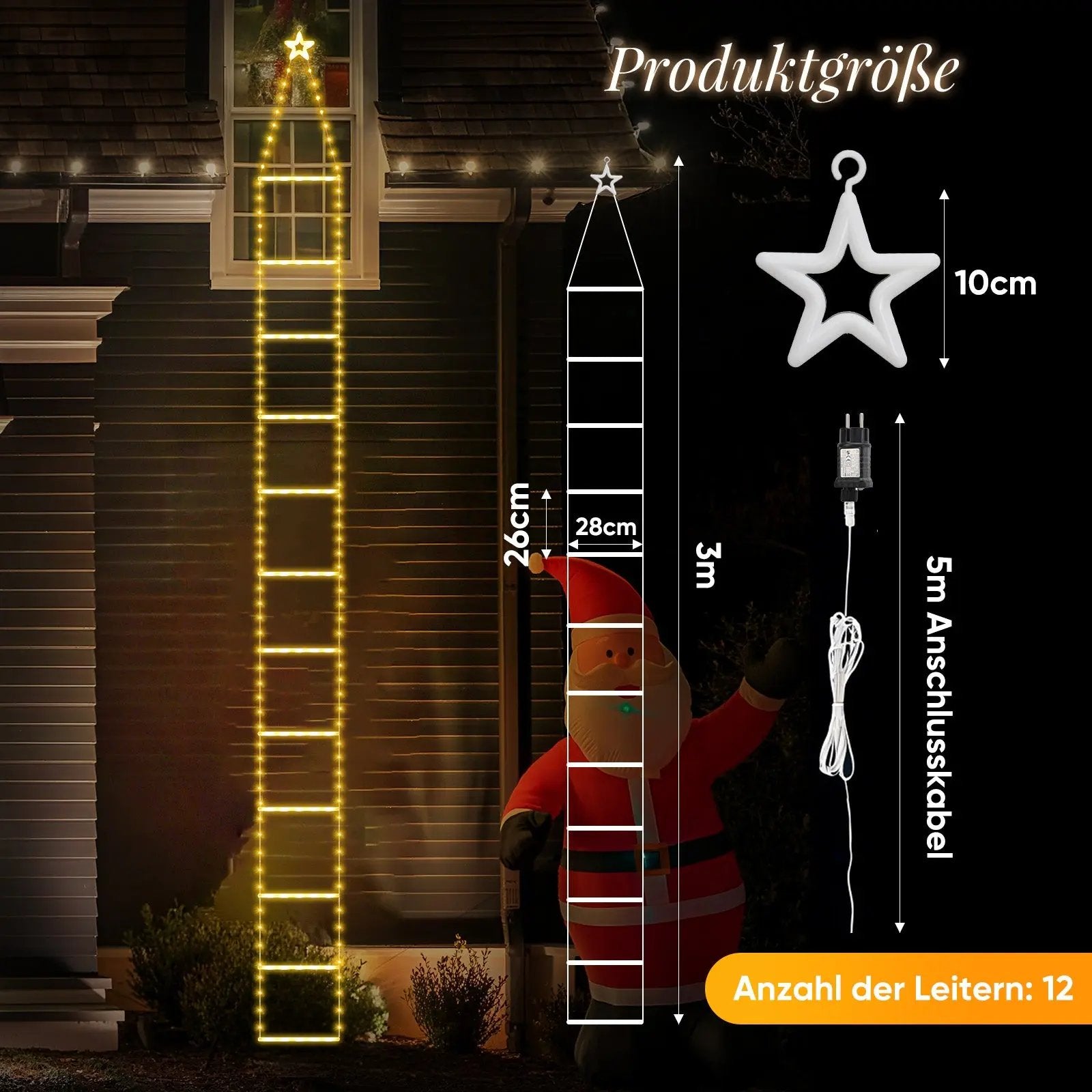 Salcar 3 m LED Leiter Lichterkette Außen, Warmweiß Weihnachtsbeleuchtung mit 8 Modi, Timer & Speicher, Wasserdicht Deko für Garten, Balkon, Tür & Treppe Salcar