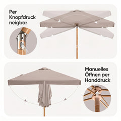 Sekey Sonnenschirm Balkon 200x125 cm rechteckig in Holzoptik – höhenverstellbar, neigbar mit Aluminium-Drehgelenk, UV50+ Polyester, Push-Up-System für Balkon, Terrasse & Garten