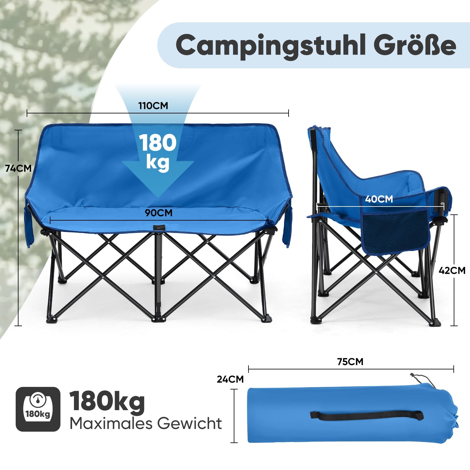 Sunula Faltbarer Campingsofa für 2 Personen, Tragbarer Campingstuhl bis 150 kg, Mit Armlehne und Tragetasche, Outdoor-Faltstuhl, Ideal für Picknick, Camping, Garten, Balkon, Angeln Sekey