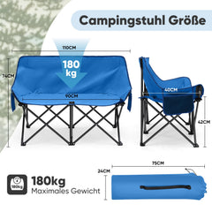 Sunula Faltbarer Campingsofa für 2 Personen, Tragbarer Campingstuhl bis 150 kg, Mit Armlehne und Tragetasche, Outdoor-Faltstuhl, Ideal für Picknick, Camping, Garten, Balkon, Angeln Sekey