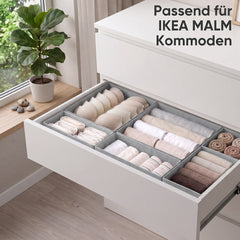 Sekey Aufbewahrungsboxen Set 6er Set aus Vliesstoff – Faltbare Stoffboxen Organizer für Schubladen & Regale, Hellgrau, Größenmix S für Kleidung, Unterwäsche & Accessoires