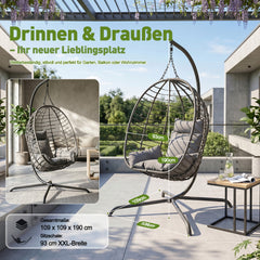 Sekey Hängesessel mit Gestell – Klappbarer Hängekorb aus PE-Rattan, Hängestuhl mit Sitz- & Kopfkissen, bis 150 kg belastbar, für Garten, Balkon, Terrasse & Wohnzimmer