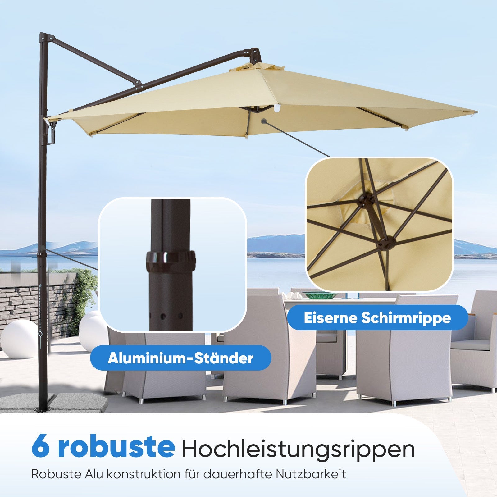 Sekey Ampelschirm 300 cm Aluminium Sonnenschirm mit 360° Drehung, Neigefunktion, UV50+ Schutz Sekey