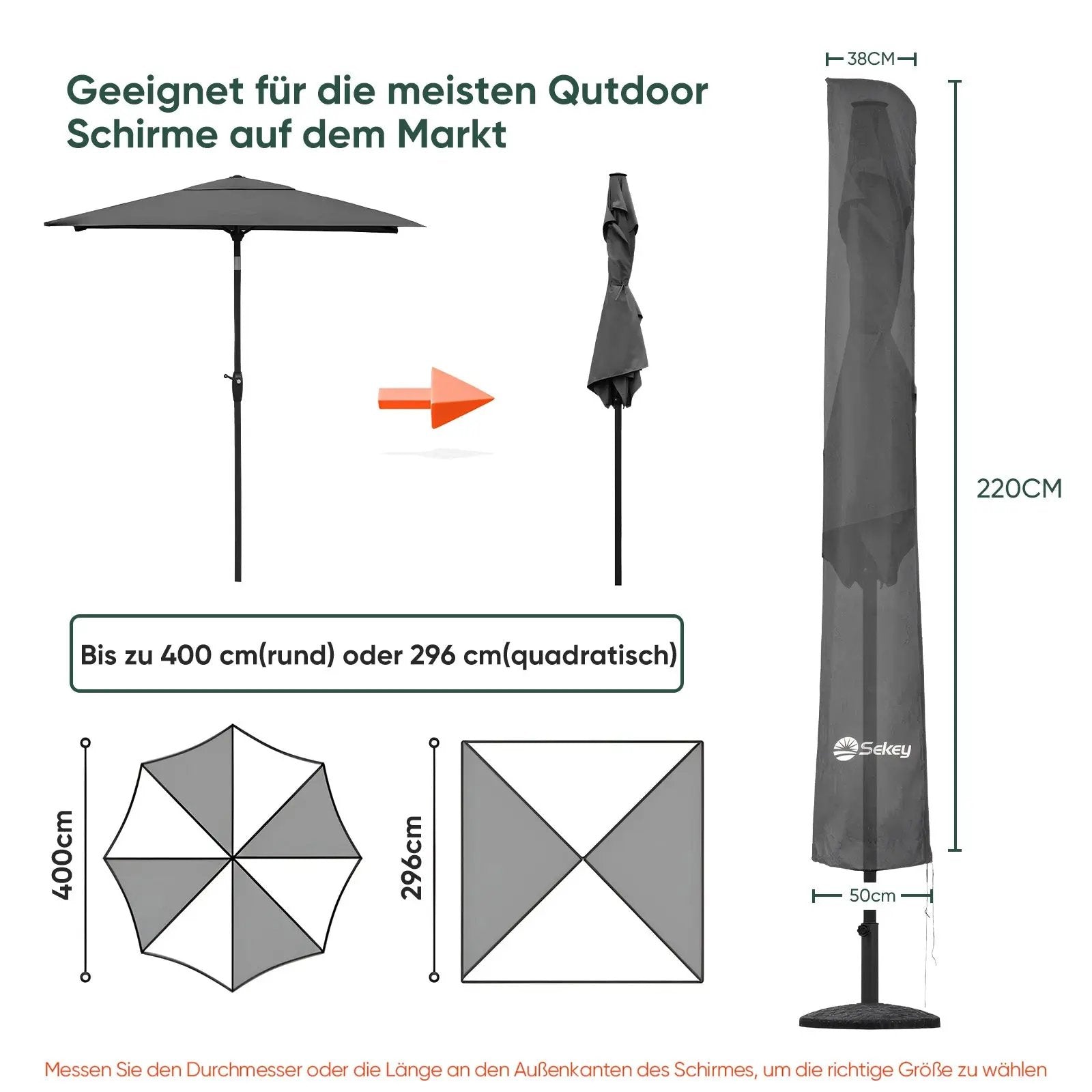 Sekey 220 x 30/50 cm Schutzhülle für 400 cm Sonnenschirm, aus Polyester-Gewebe Sekey