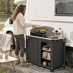 Sekey Campingschrank faltbar mit rollbarer Aluminium-Tischplatte, Campingküche Outdoor 79 × 48 × 96 cm, 6 Fächer, Aluminiumgestell, Camping Tisch mit Stauraum für Wohnmobil, Garten & Festival