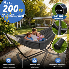 Sekey Hängematte mit Gestell – Höhenverstellbare Doppelhängematte bis 200 kg, freistehend mit Stahlrahmen & 2 Tragetaschen für Garten, Balkon, Terrasse, Camping & Indoor