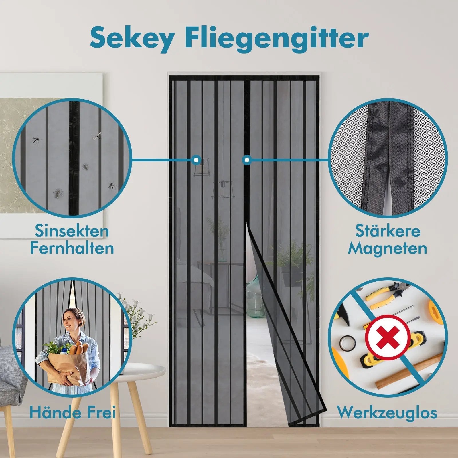 Sekey Magnet Fliegengitter Tür aus Polyester, mit Bändern, Schwarz Sekey