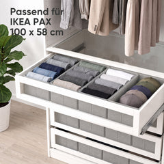 Sekey Schubladen Organizer 2er Set – Faltbare Aufbewahrungsboxen aus Vliesstoff für Kleidung, Unterwäsche & Accessoires, 22 x 51 x 11 cm, Hellgrau Leinenoptik