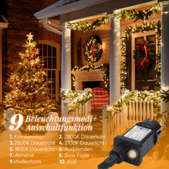 Salcar LED Lichterkette Außen – 10m/15m/20m, 150–300 LEDs, Wasserdicht, 9 Modi, Timer & Memory, Stufenlos dimmbar, 4 Farbtemperaturen (2800K–1800K), für Garten, Balkon, Party, Weihnachtsbaum Salcar