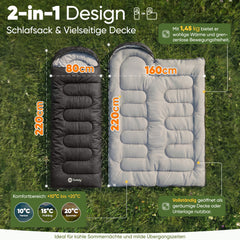Sekey 3-Jahreszeiten Schlafsack 220×80 cm – 2-in-1 Deckenschlafsack (10–20 °C), 1,45 kg Leicht, mit Fußbelüftung & Anti-Klemm-Reißverschluss, für Camping & Outdoor – Anthrazit / Grün