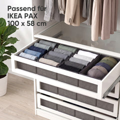 Sekey Schubladen-Organizer 4er Set 22 × 51 × 11 cm – Faltbare Kleiderschrank Organizer aus Vliesstoff mit stabiler Bodenplatte, Aufbewahrungsbox für Kleidung, Unterwäsche, T-Shirts & Accessoires
