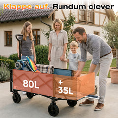 Sunula Bollerwagen faltbar mit klappbarer Heckklappe – 80 L + 35 L Handwagen mit erweiterbarer Ladefläche, 100 kg belastbar, leichter Faltbollerwagen mit Bremsen & 360°-Rädern