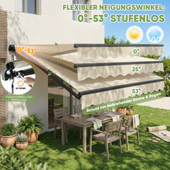 Sekey Gelenkarmmarkise 300x250 cm Beige mit Handkurbel – 0–53° stufenlos neigbar, Doppel-Stahlseilzug, 280g/m² wasserdichtes Polyester, UV50+ Sonnenschutz für Balkon, Terrasse & Garten