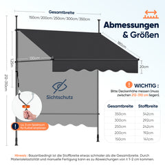 Sekey Klemmmarkise ohne Bohren in 150–350 cm Breite, 130 cm Ausfall, 0–90° verstellbar, wasserdicht & UV-Schutz (UPF 50+), Balkon Markise mit Handkurbel für Balkon, Terrasse & Garten, Anthrazit