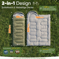 Sekey 3-Jahreszeiten Schlafsack 220×80 cm – 2-in-1 Deckenschlafsack (10–20 °C), 1,45 kg Leicht, mit Fußbelüftung & Anti-Klemm-Reißverschluss, für Camping & Outdoor – Anthrazit / Grün
