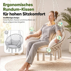 Sekey Hängesessel 360° drehbar mit Ringkissen – Boho Hängestuhl aus Recycling-Baumwolle, gemütlicher Hängesitz mit Metallkette & Karabinern für Wohnzimmer, Balkon und Terrasse