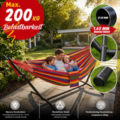 Sekey Hängematte mit Gestell – höhenverstellbare Doppelhängematte bis 200 kg, freistehend mit Stahlrahmen & 2 Tragetaschen für Garten, Balkon, Terrasse & Outdoor