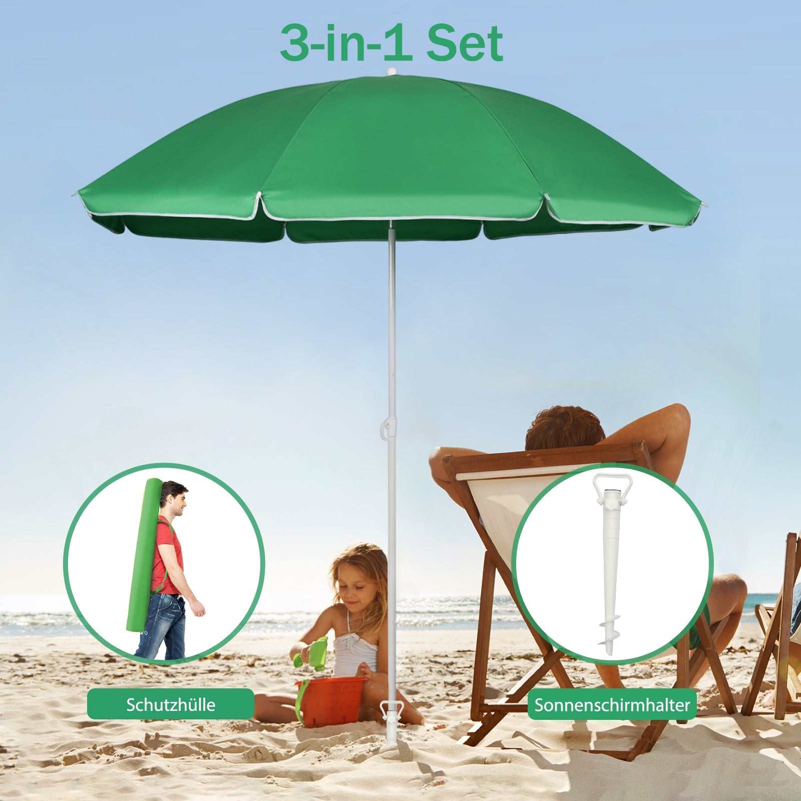 Sekey Sonnenschirm Ø160 cm rund mit Tragetasche & Bodenhülse, für Balkon & Strand Sekey