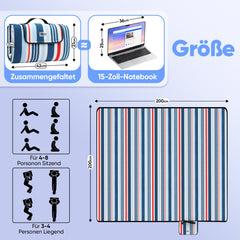 Sekey Picknickdecke – Wasserdicht & sandfest, faltbare Strandmatte mit PEVA-Unterseite, gepolstert & tragbar für Camping, Strand & Wiese – Blau-Weiß-Rote Streifen Sekey