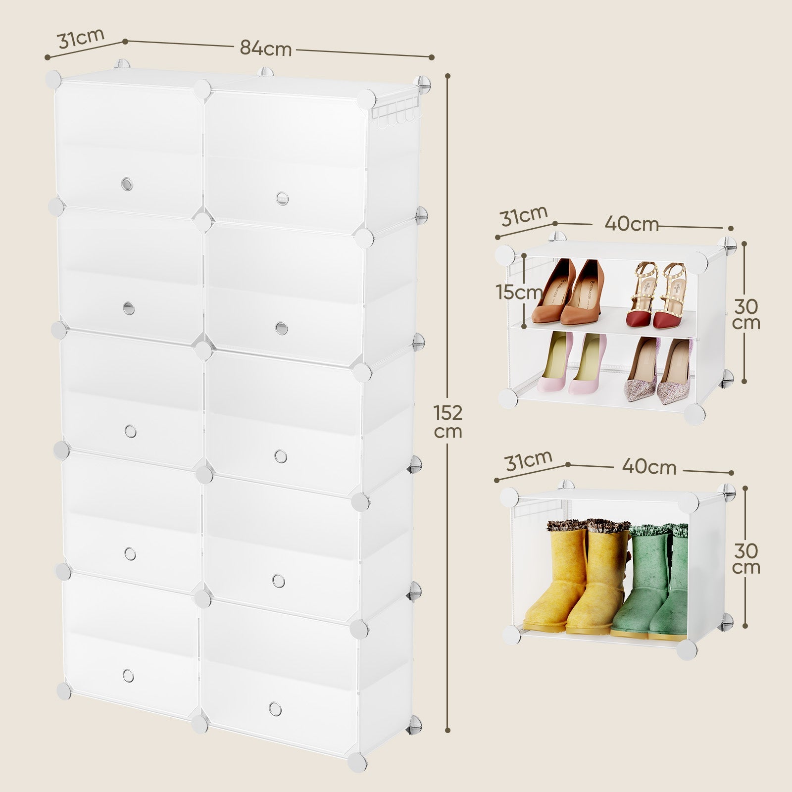 Sekey Weiß Schuhschrank mit 6/8/10 Fächern – Großes modulares Schuhregal für bis zu 24 Paar Schuhe Sekey