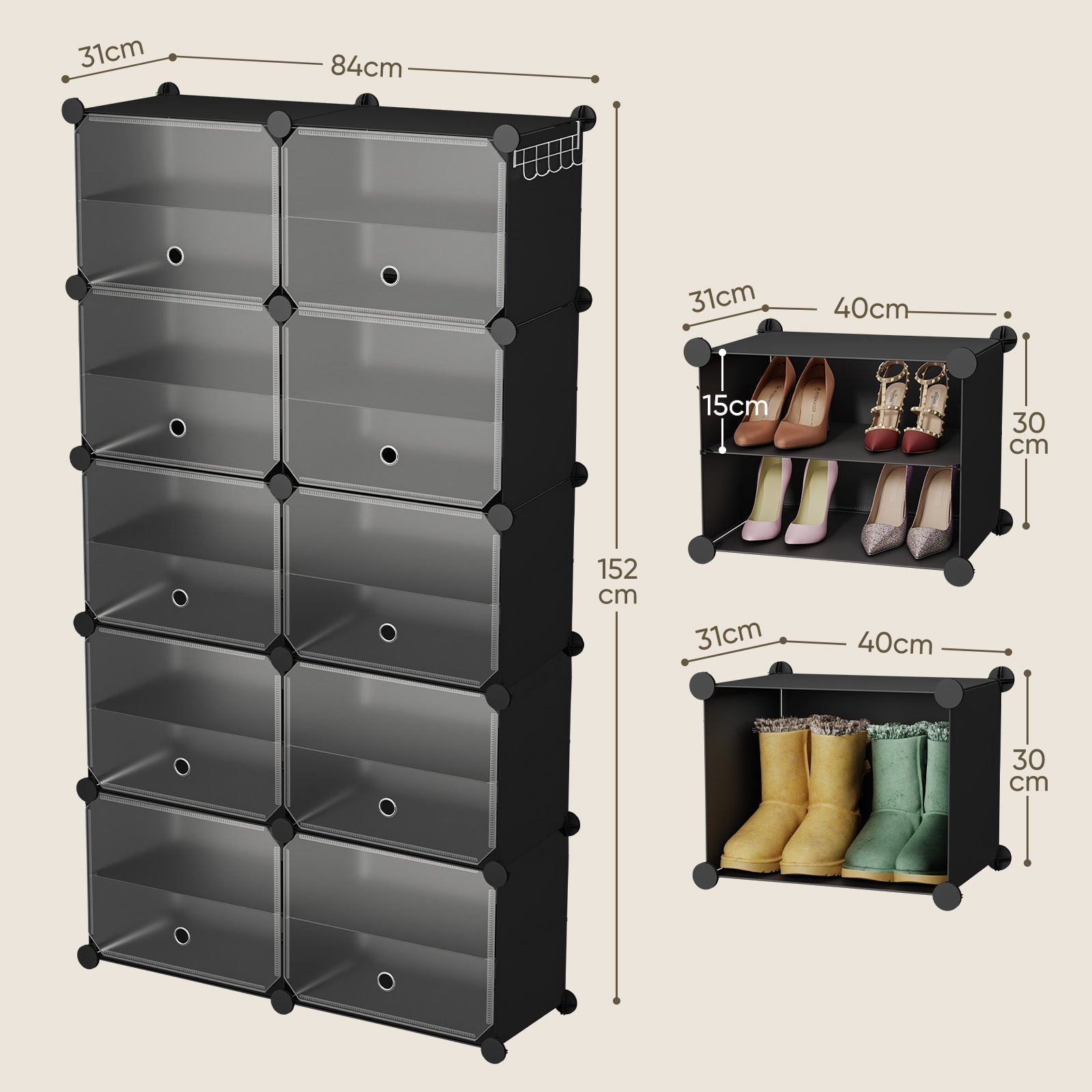 Sekey Schuhschrank Schwarz – Modulares Stecksystem, stabil & platzsparend, ideal für Flur & Kleiderschrank Sekey