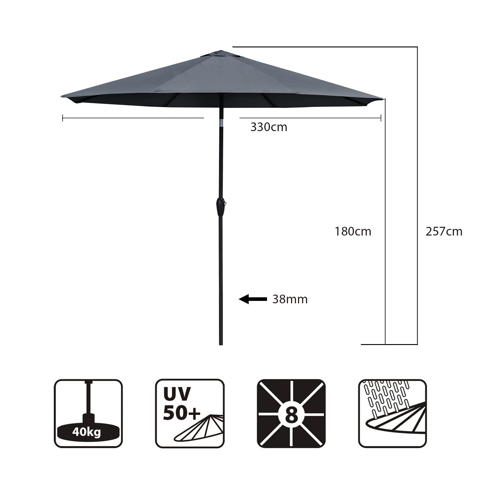 Sekey Sonnenschirm, 330cm Alu Gartenschirm 8-eckiger, mit Kurbel Sekey