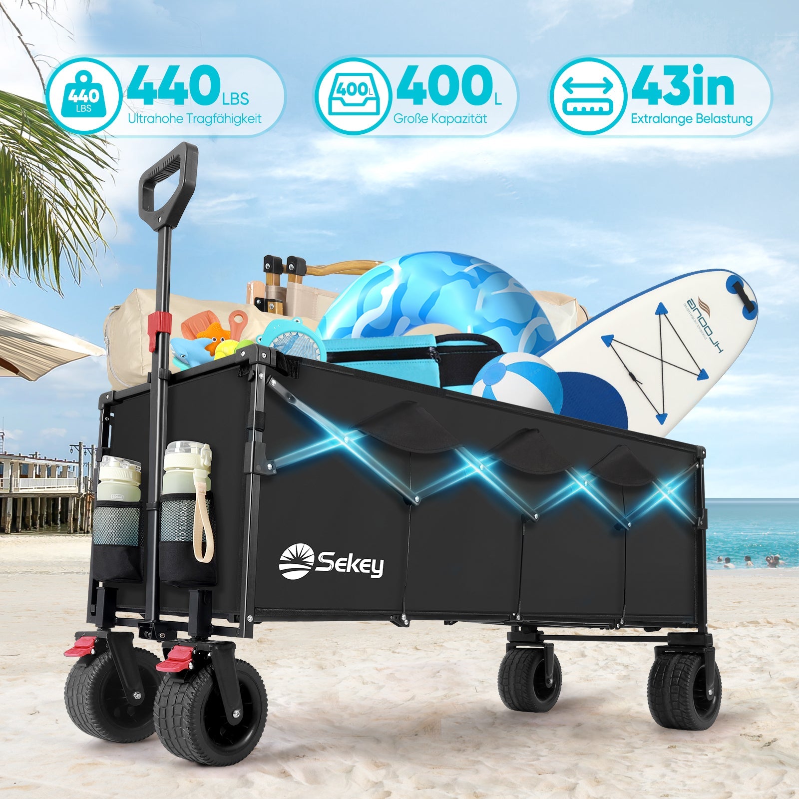 Sekey Faltbarer Bollerwagen 400 L, Extra Lang (110 cm), 200 kg Tragkraft, Schwerlast Transportwagen mit Geländerädern & Getränkehalter – Für Strand, Camping & Garten Sekey