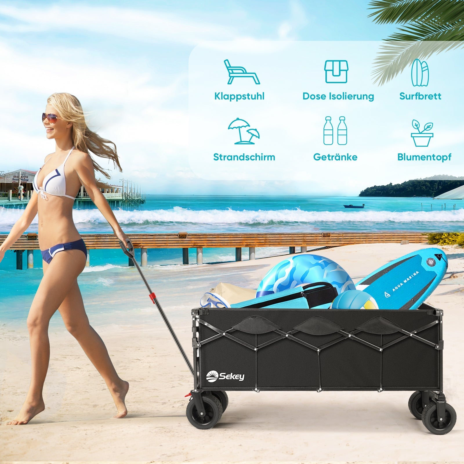 Sekey Faltbarer Bollerwagen 400 L, Extra Lang (110 cm), 200 kg Tragkraft, Schwerlast Transportwagen mit Geländerädern & Getränkehalter – Für Strand, Camping & Garten Sekey