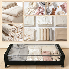 Sekey Unterbett-Aufbewahrungsbox mit Rollen 78 × 44 × 14 cm, Metallrahmen & PVC-Fenster für Kleidung & Bettwäsche