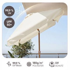 Sekey Sonnenschirm Balkon 200x125 cm rechteckig in Holzoptik – höhenverstellbar, neigbar mit Aluminium-Drehgelenk, UV50+ Polyester, Push-Up-System für Balkon, Terrasse & Garten